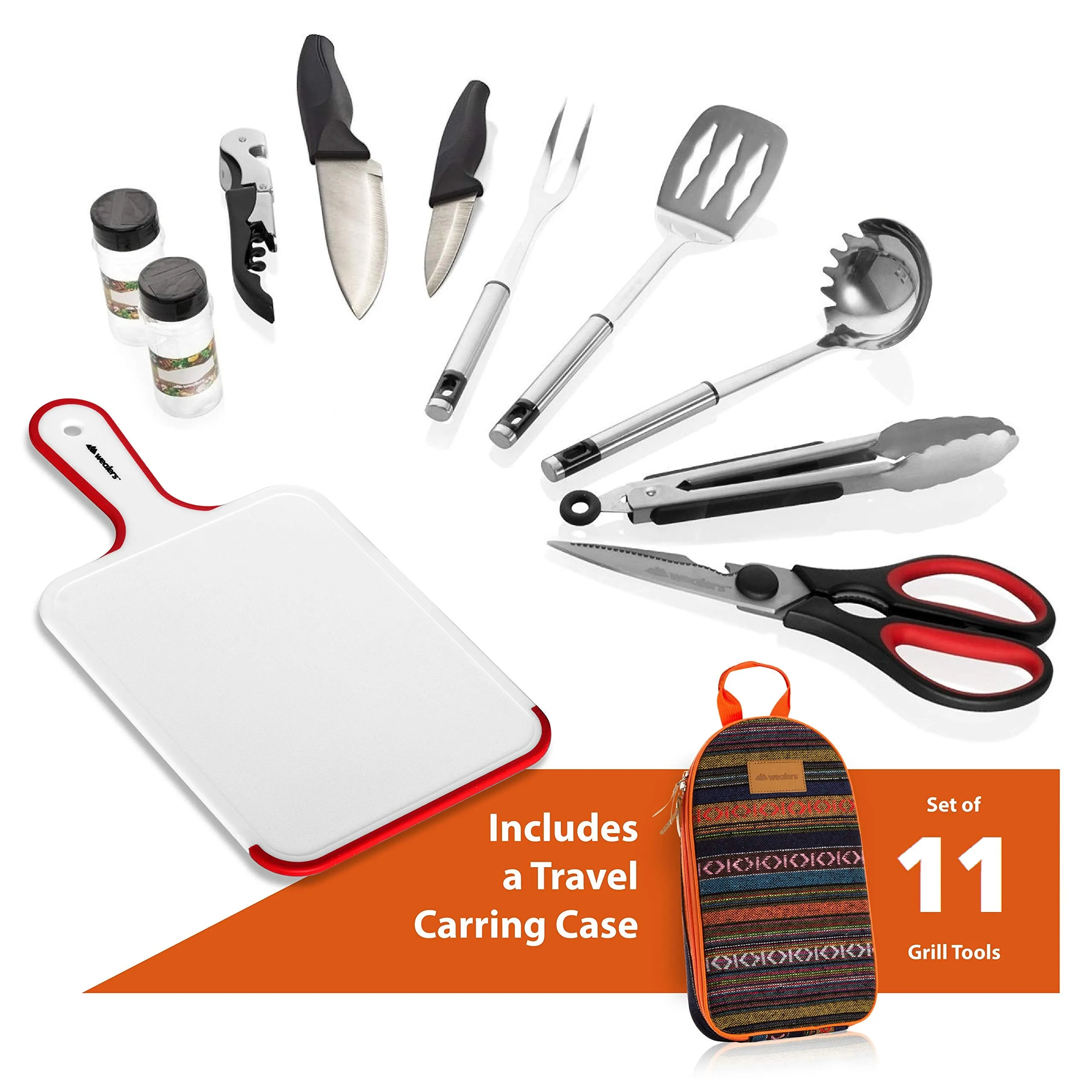 12 Piece Camp Kitchen Cooking Utensil Set Travel Organizer Grill Accessories Portable Compact Gear for Backpacking BBQ Camping Hiking Travel Cookware Kit Water Resistant Case (Orange)