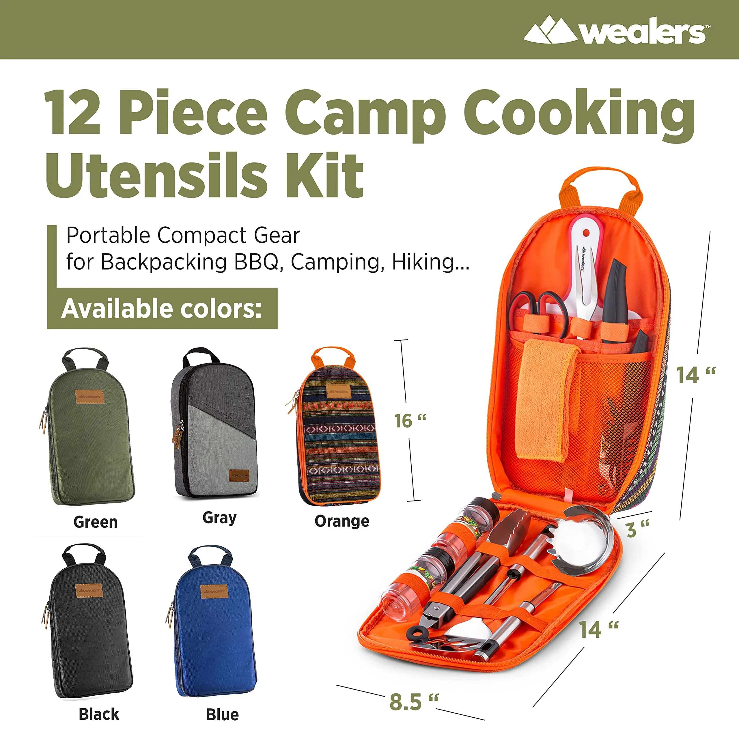 12 Piece Camp Kitchen Cooking Utensil Set Travel Organizer Grill Accessories Portable Compact Gear for Backpacking BBQ Camping Hiking Travel Cookware Kit Water Resistant Case (Orange)