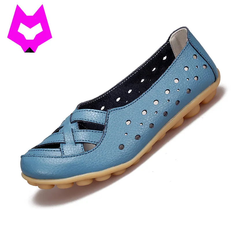 2017 Fashion Genuine Leather Breathable Casual Loafers Shoes Women Sandals Summer Shoes Flats with Hollow Out Plus Size 34-44