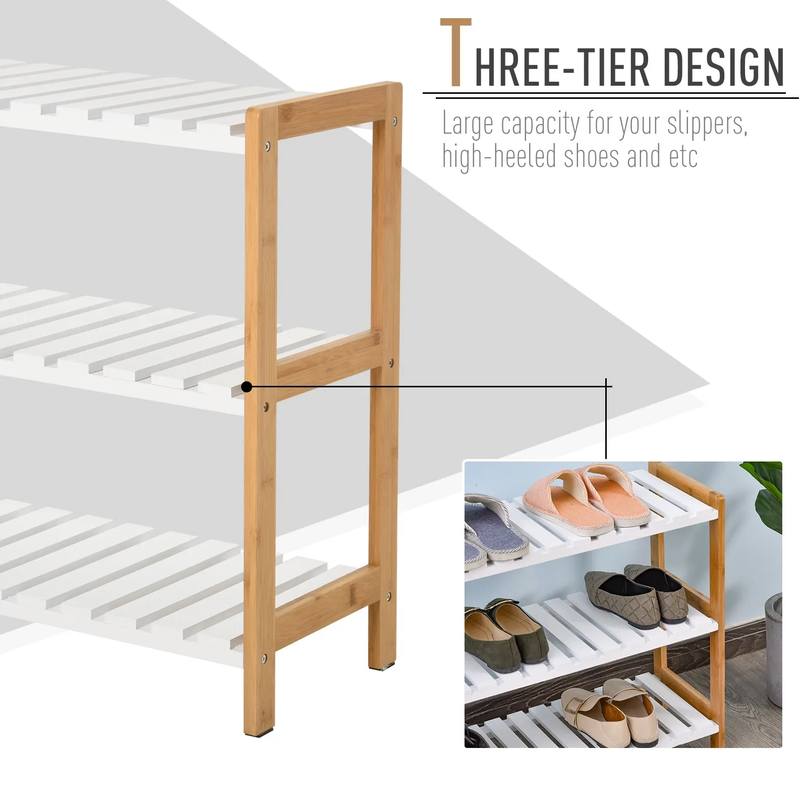 3-Tier Shoe Rack Wood Frame Slatted Shelves Spacious Open Hygienic Storage Home Hallway Furniture Family Guests 70L x 26W x 57.5H cm - Natural