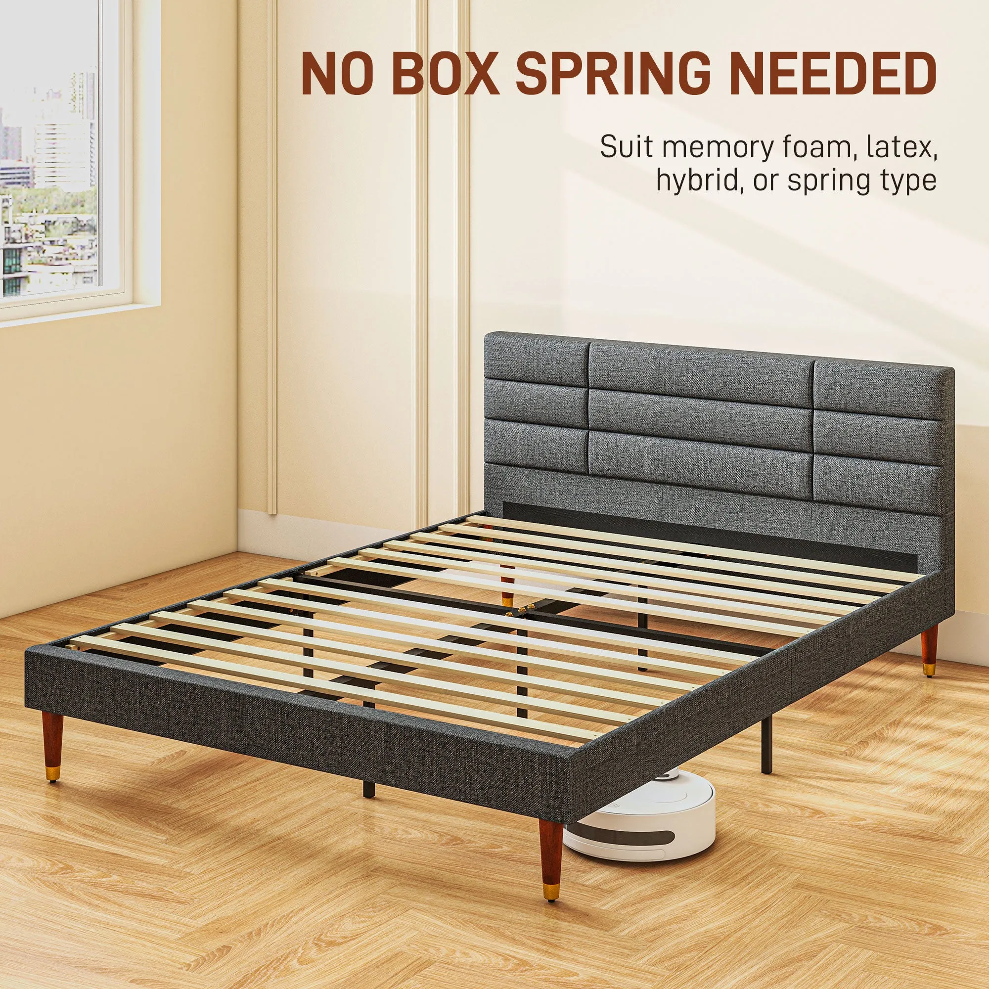 5ft Upholstered King Bed Frame w/ Wooden Slat No Box Spring Needed