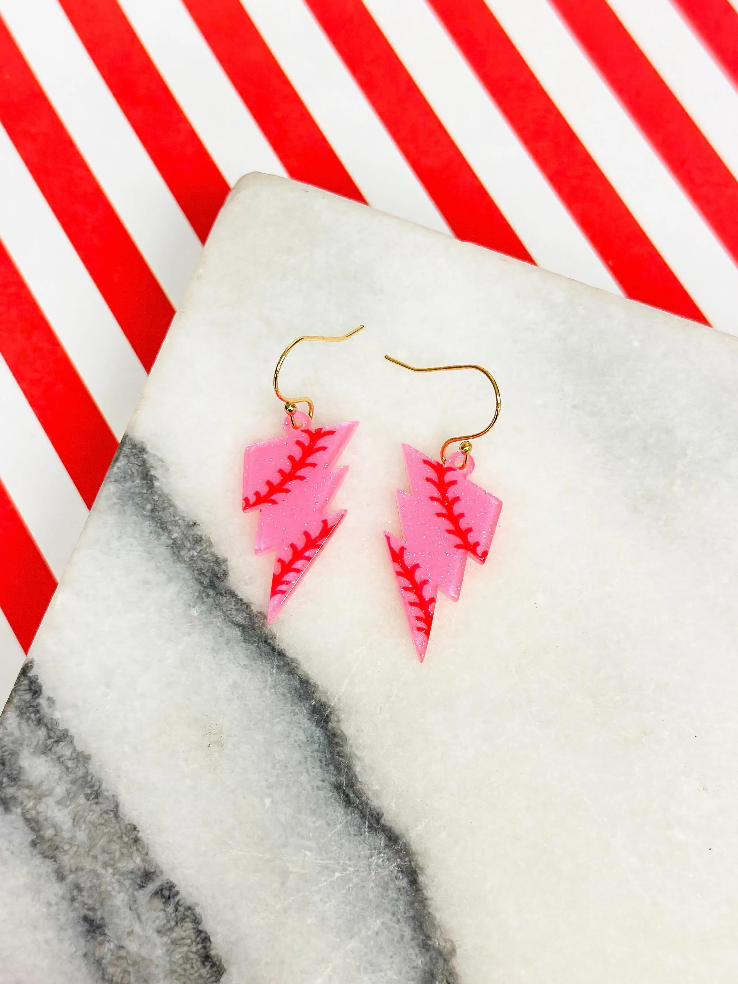 Baseball Lightening Dangle Earrings - Pink