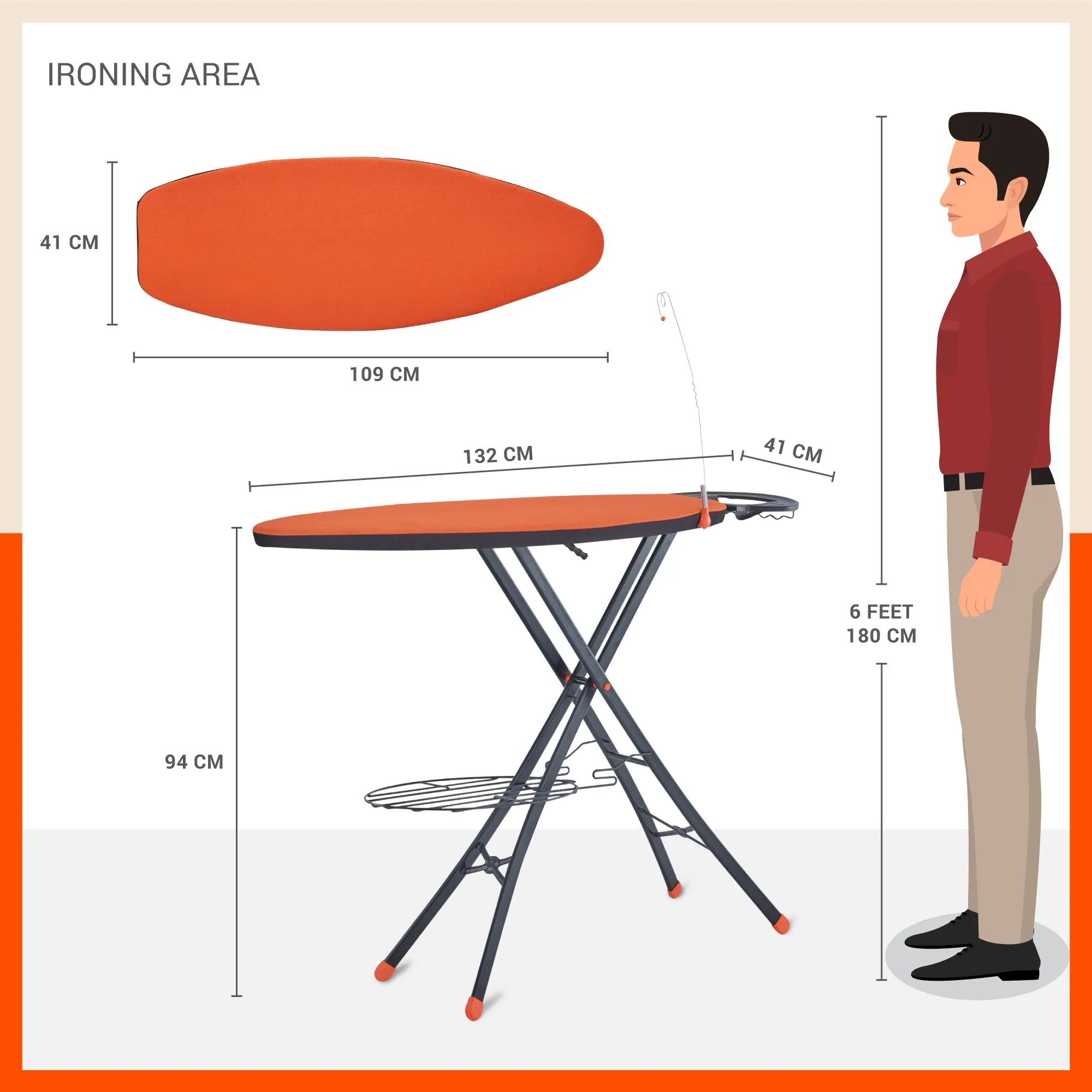 Bathla X-Pres Ace Pro - Extra Large Foldable Ironing Board For Home (Orange & Black)