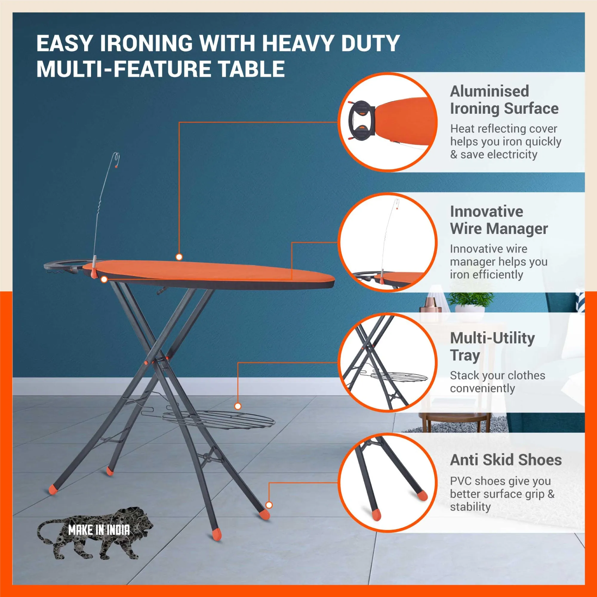 Bathla X-Pres Ace Pro - Extra Large Foldable Ironing Board For Home (Orange & Black)