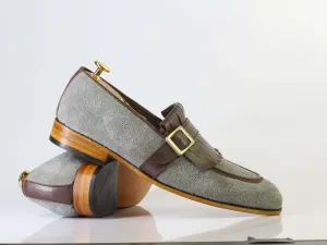 Bespoke Gray Brown Fringe Loafer Suede Monk Strap Shoe for Men