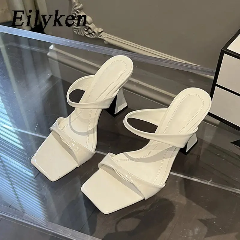 binfenxie  -  2024 Design Style Square Toe Slippers Women's Summer Elegant High Heels Wedding Party Sandalias De Mujer