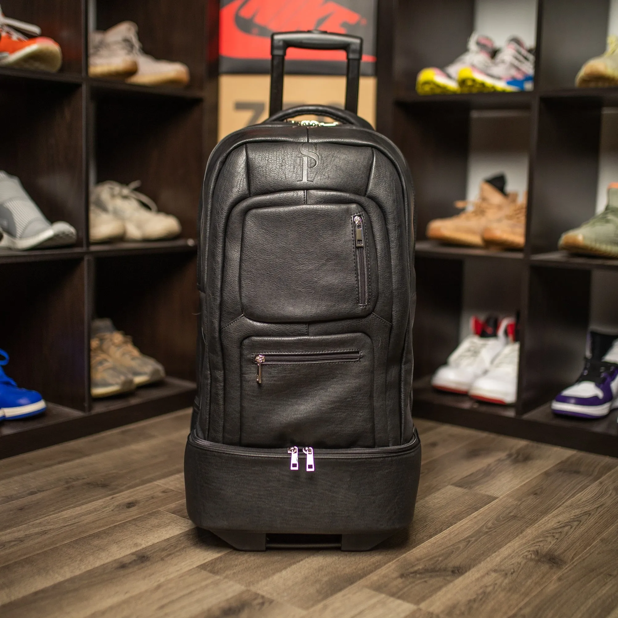 Black Tumbled Leather Roller Bag Set