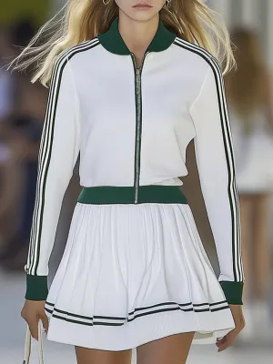 Casual Sports Baseball Jacket White Long Sleeve Mini Dress