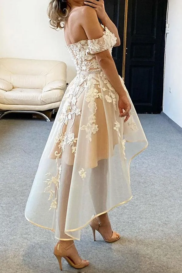 Champagne Tulle Off The Shoulder High Low Homecoming Dresses PD458