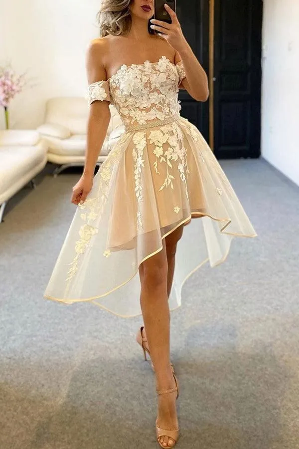 Champagne Tulle Off The Shoulder High Low Homecoming Dresses PD458