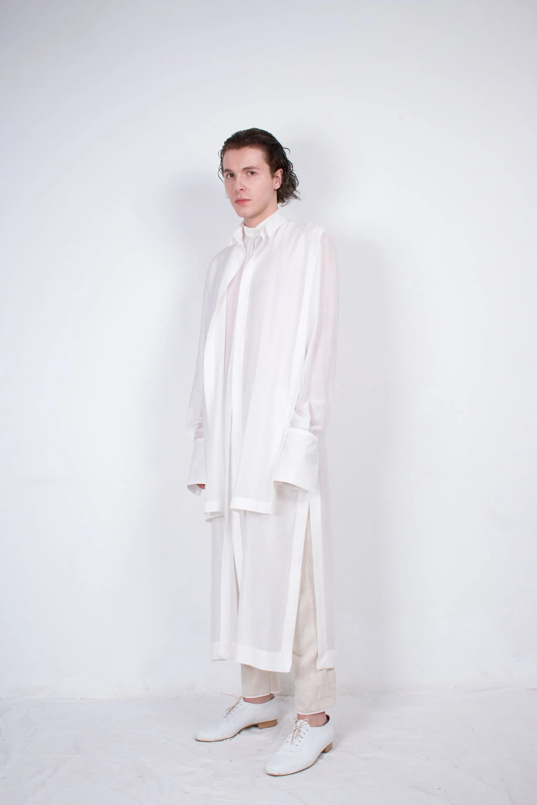 Elongated White Layered Silk Shirt