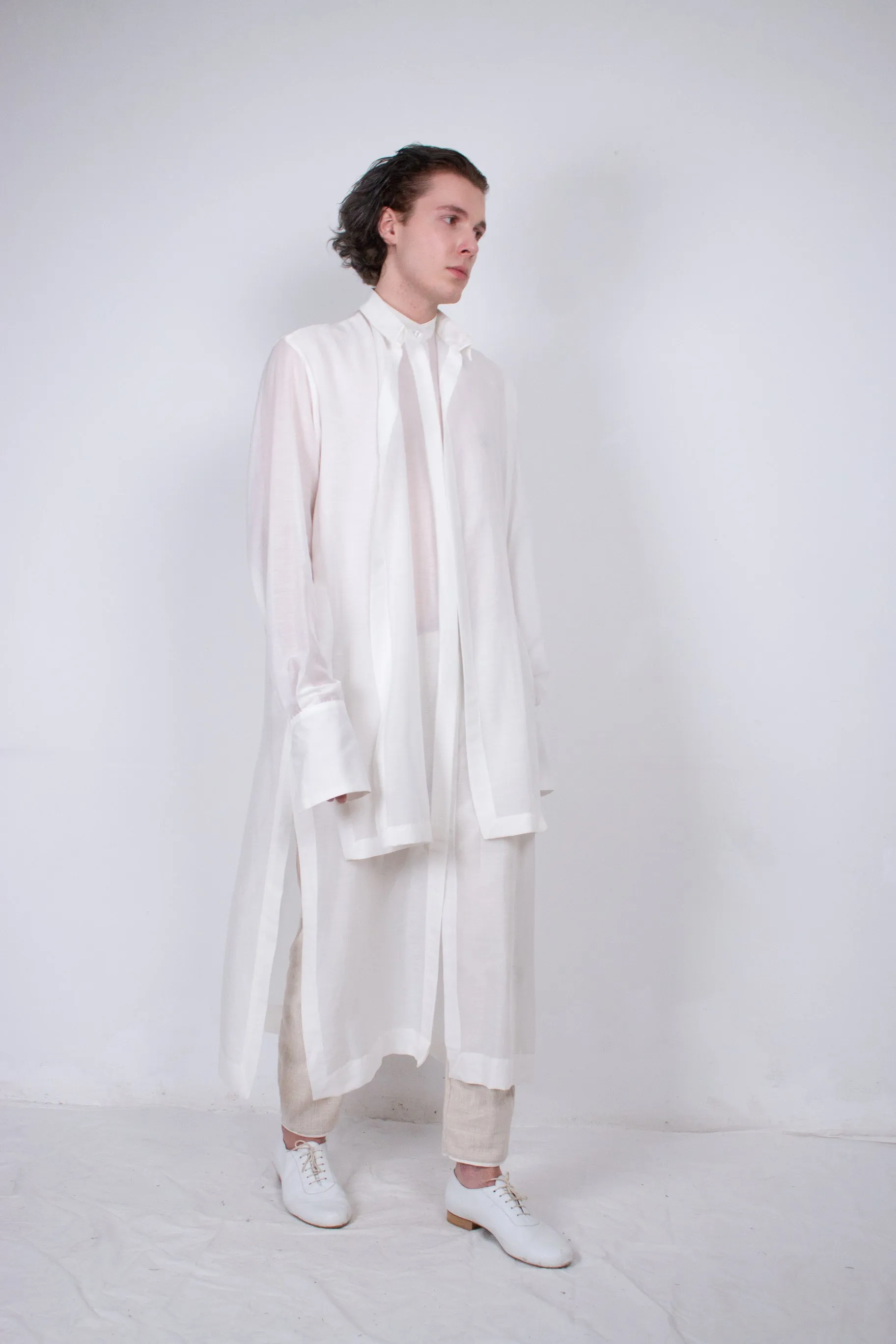 Elongated White Layered Silk Shirt