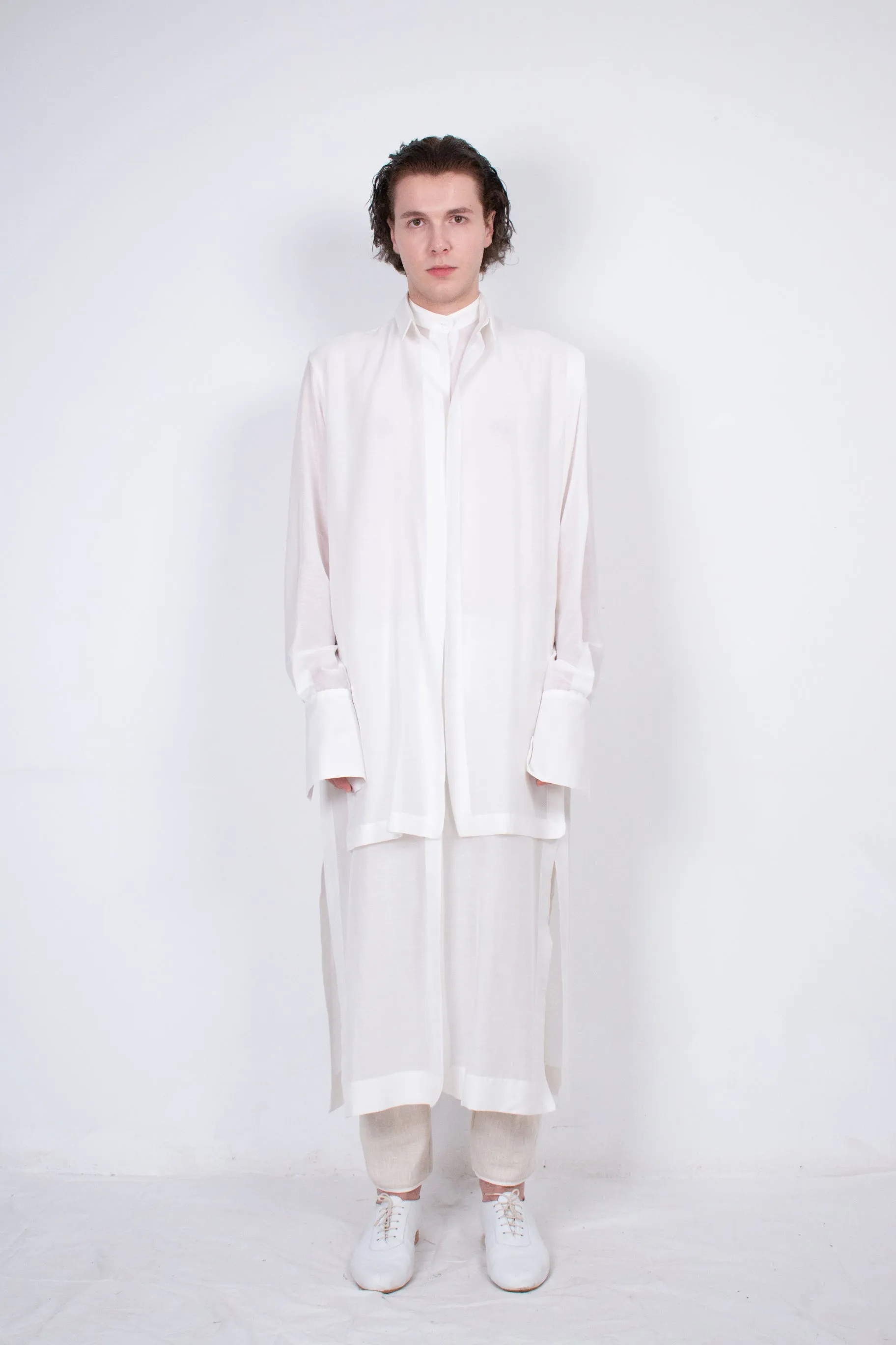 Elongated White Layered Silk Shirt