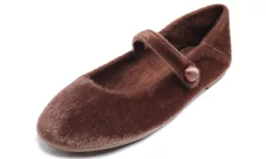 Feversole Women's Mary Jane Fashion Round Toe Easy Buckle Slip On Cozy Warm Flats Brown Plush