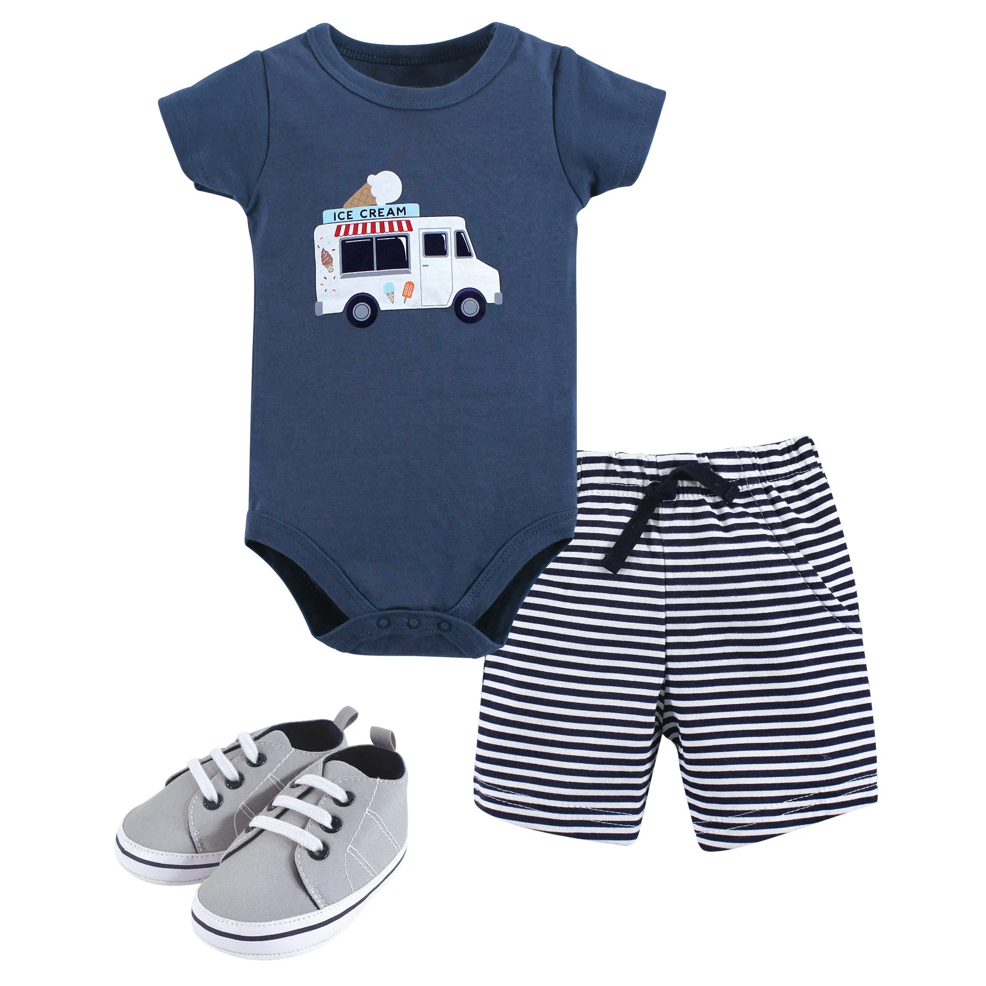 Hudson Baby Cotton Bodysuit, Shorts and Shoe Set, Ice Cream Truck