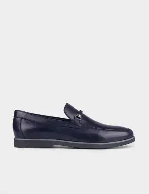 Men Navy Blue Genuine Leather Slip On Casual Shoes