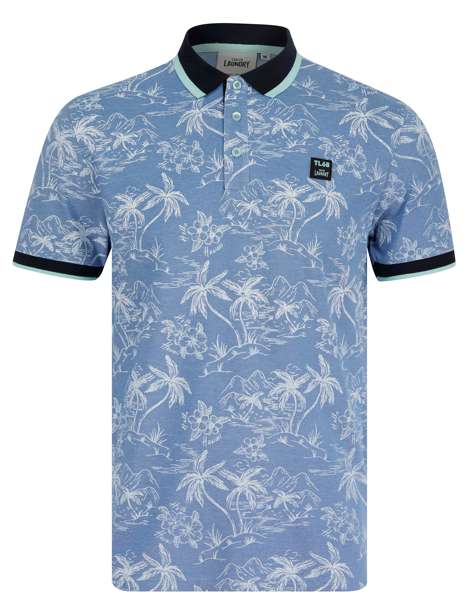 Milo Cotton Blend Pique Tropical Hawaiian Print Polo Shirt in Light Blue - Tokyo Laundry