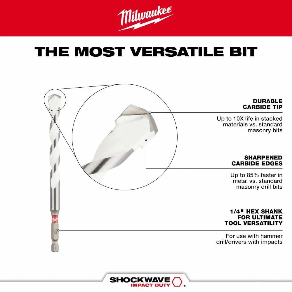 Milwaukee 48-20-8886 1/4" x 4" x 6" SHOCKWAVE Impact Duty Carbide Multi-Material Drill Bit