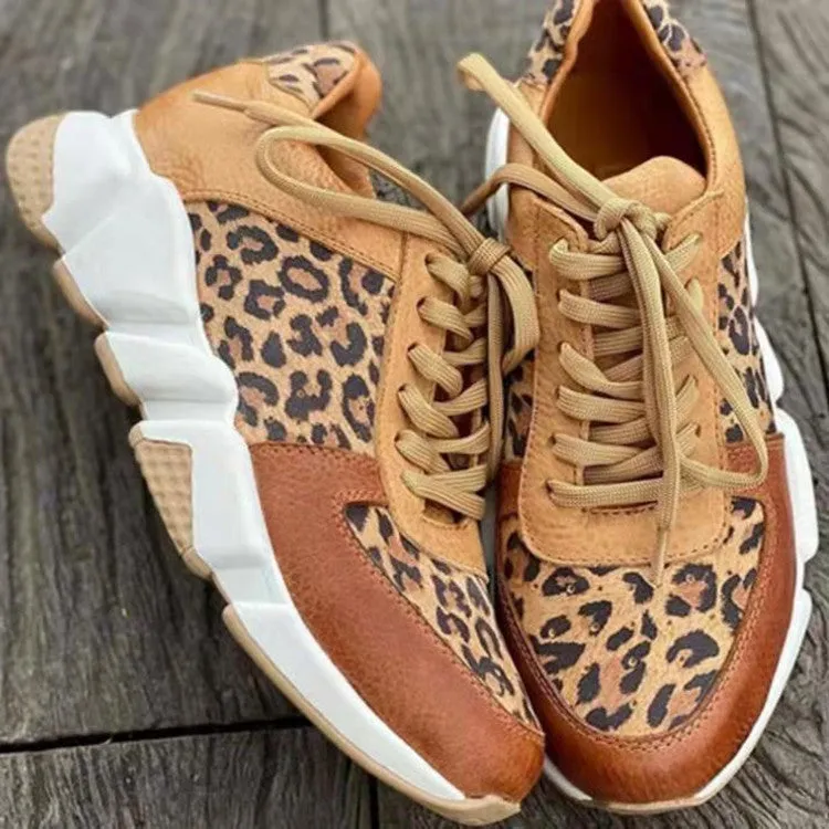 Owlkay Casual Round-Toe Lace-Up Color-Block Leopard Print Sports Shoes