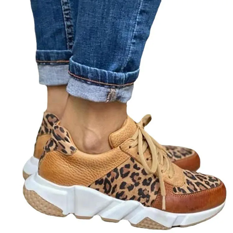 Owlkay Casual Round-Toe Lace-Up Color-Block Leopard Print Sports Shoes