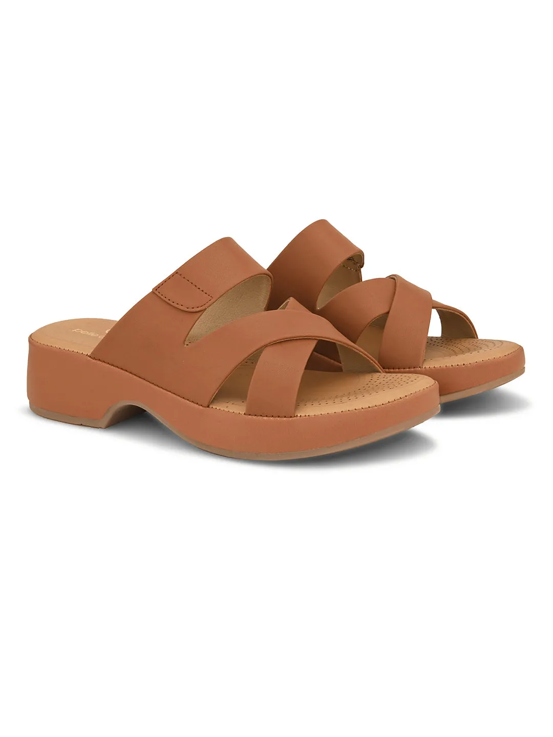 Pelle Albero Tan Faux Leather Slip on Extra Padding Comfortable Sandal For Women