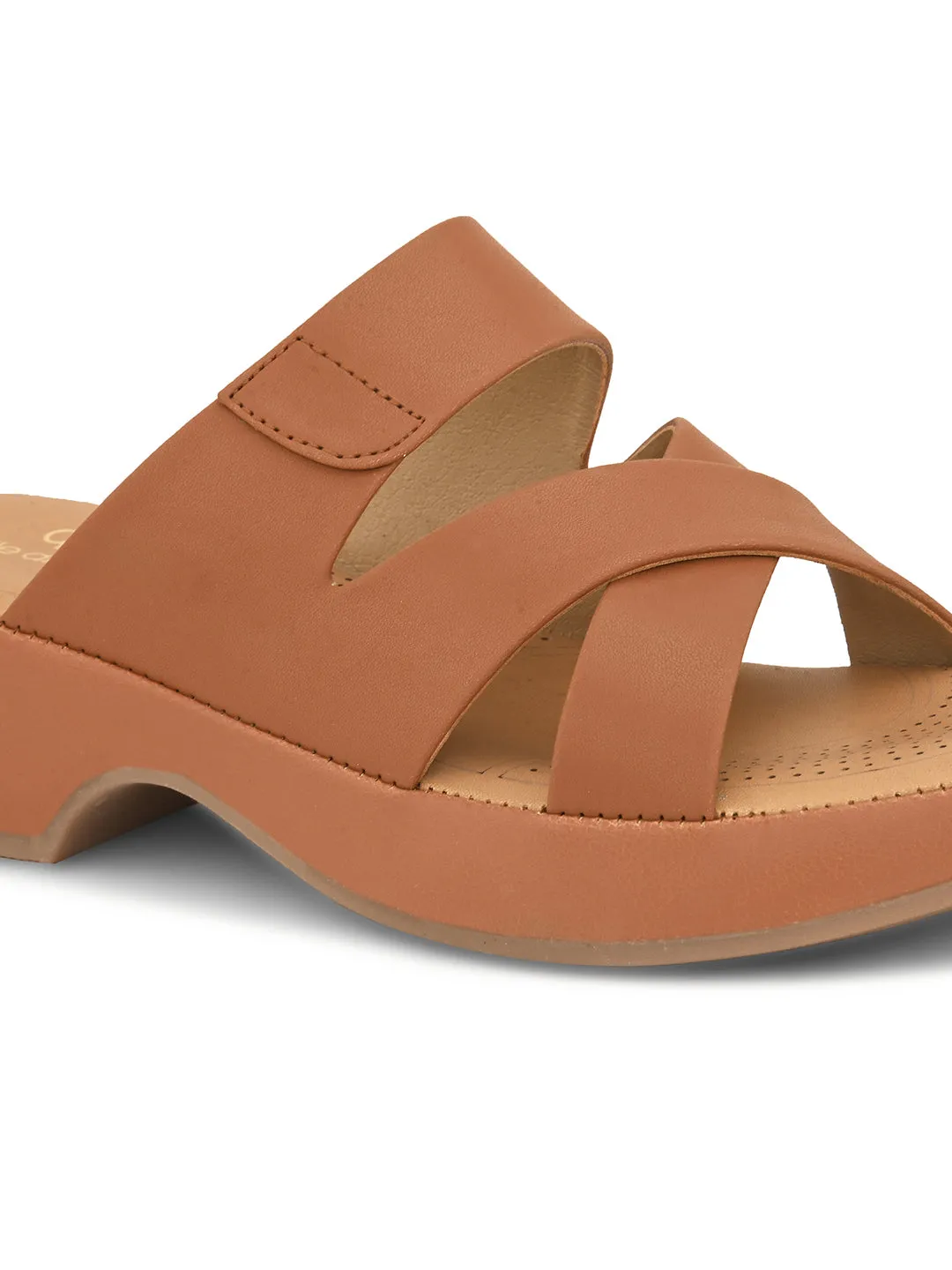 Pelle Albero Tan Faux Leather Slip on Extra Padding Comfortable Sandal For Women