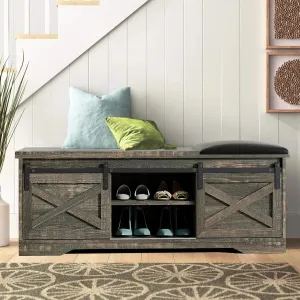 premium 47" Farmhouse Shoe Bench with Cushion, Entryway Hallway Wooden Furniture