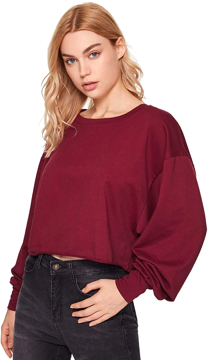 Romwe Women's Drop Shoulder Lantern Sleeve Raw Hem Aesthetic Sweatshirt Pullover Crop Top