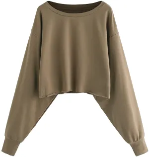 Romwe Women's Drop Shoulder Lantern Sleeve Raw Hem Aesthetic Sweatshirt Pullover Crop Top