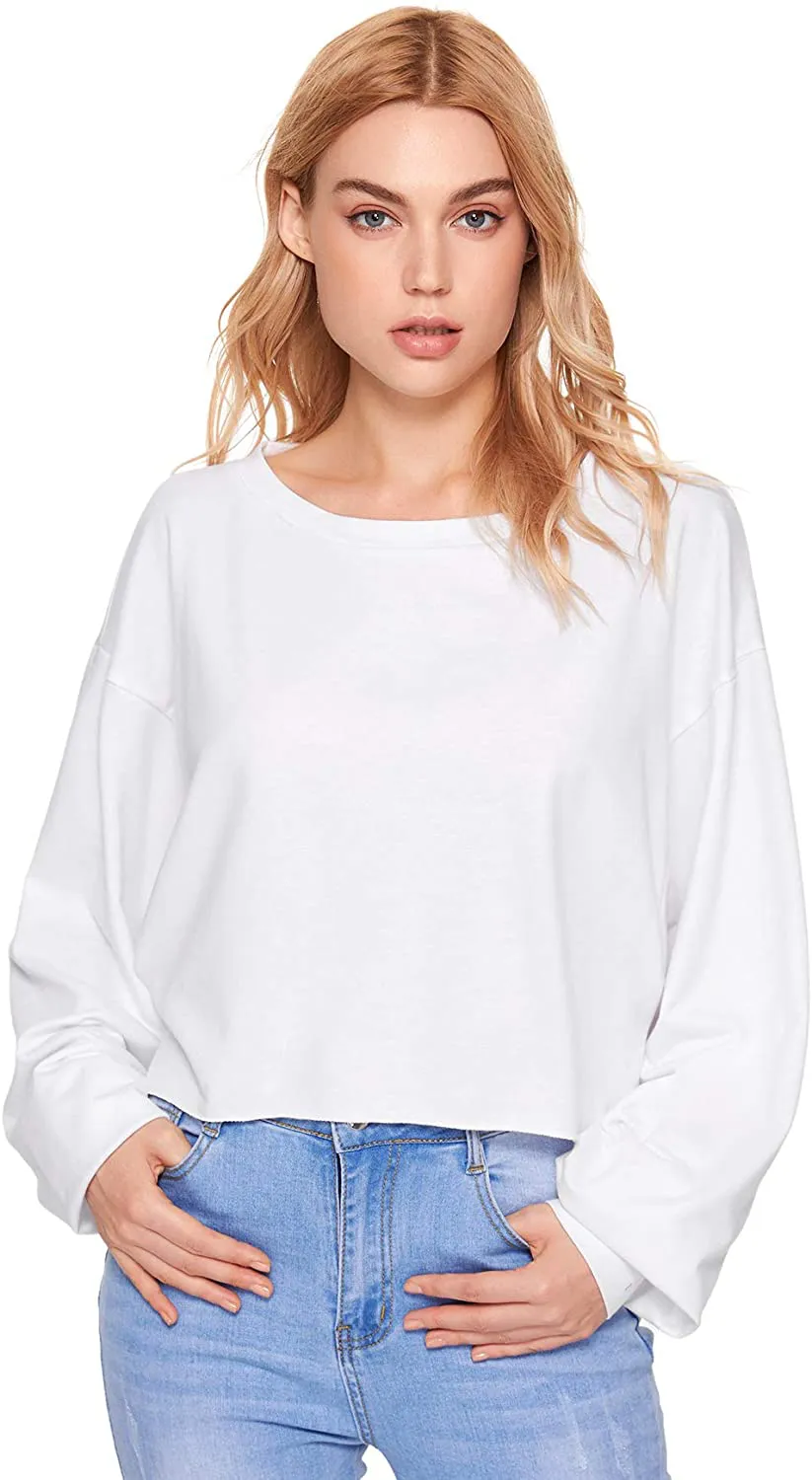 Romwe Women's Drop Shoulder Lantern Sleeve Raw Hem Aesthetic Sweatshirt Pullover Crop Top