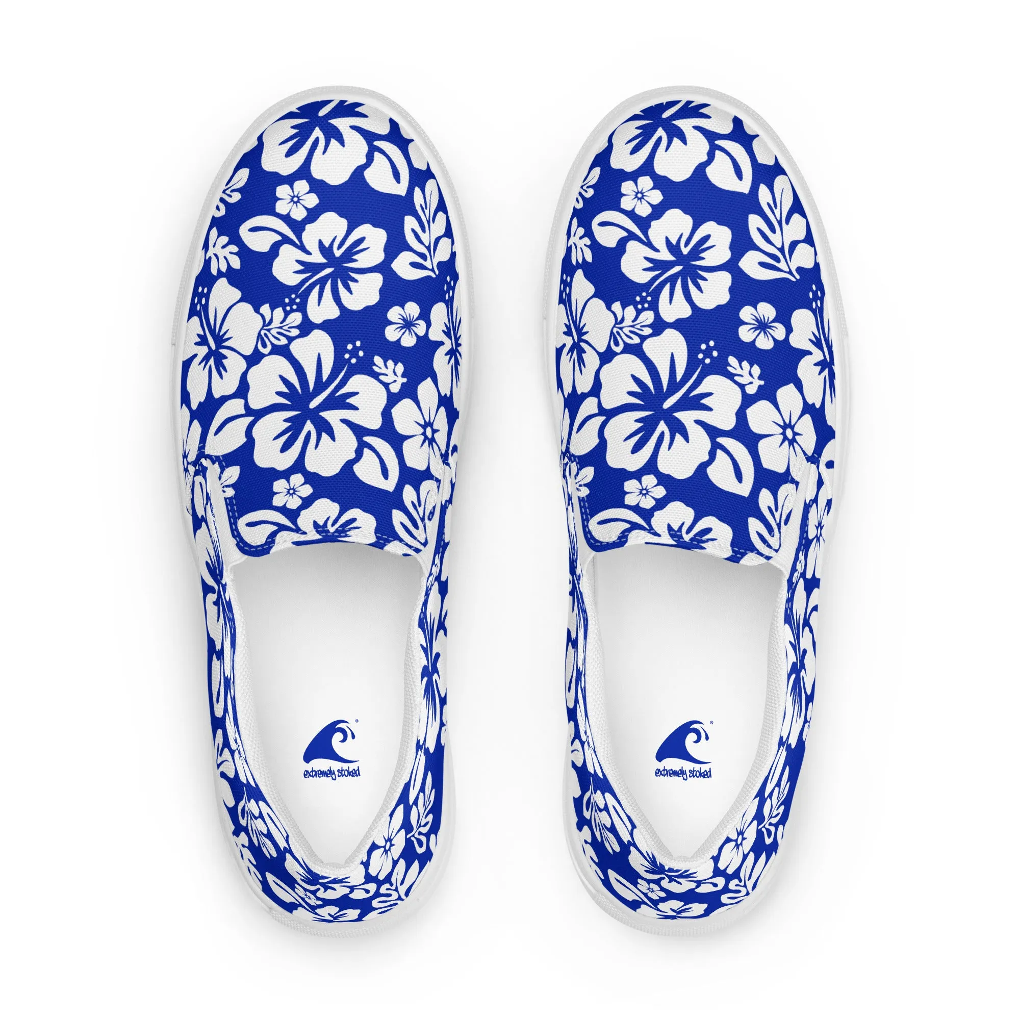 Royal Blue Hawaiian Flowers Men’s Slip On Canvas Shoes