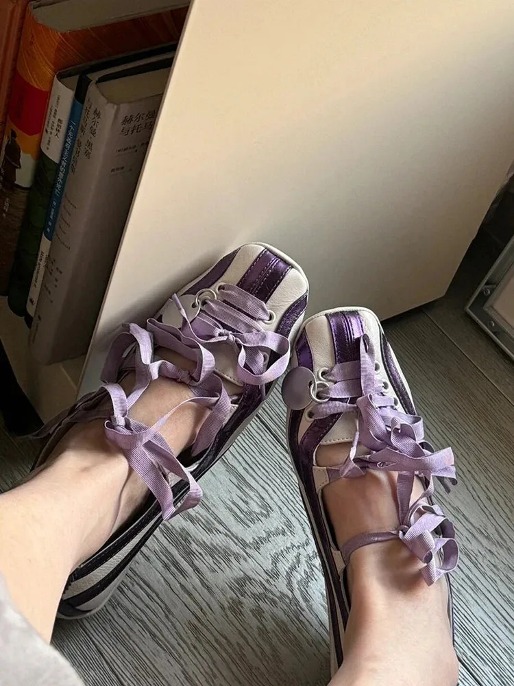 TAVIMART  -  Spring Lolita Square Toe Purple Flat Ballet Shoes Women's 2024 New Straps Bow Color Matching Mary Jane Shoes