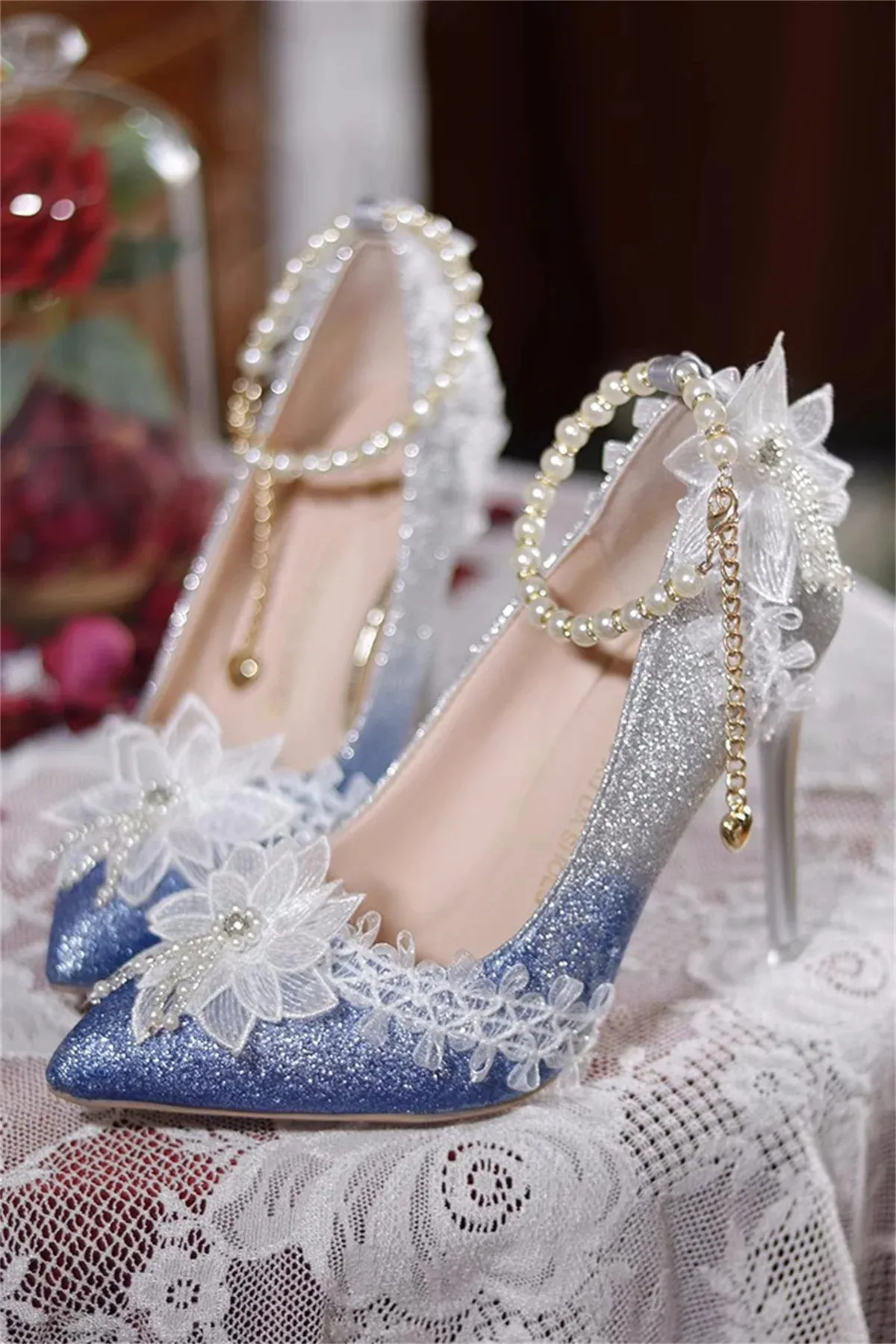 Uniwim French Elegant Vintage Girl Shoes Gradient Starl Sky Flower Pearls Tassels Pointed Sandals Elegant Tea Party 9cm High Heel Shoes