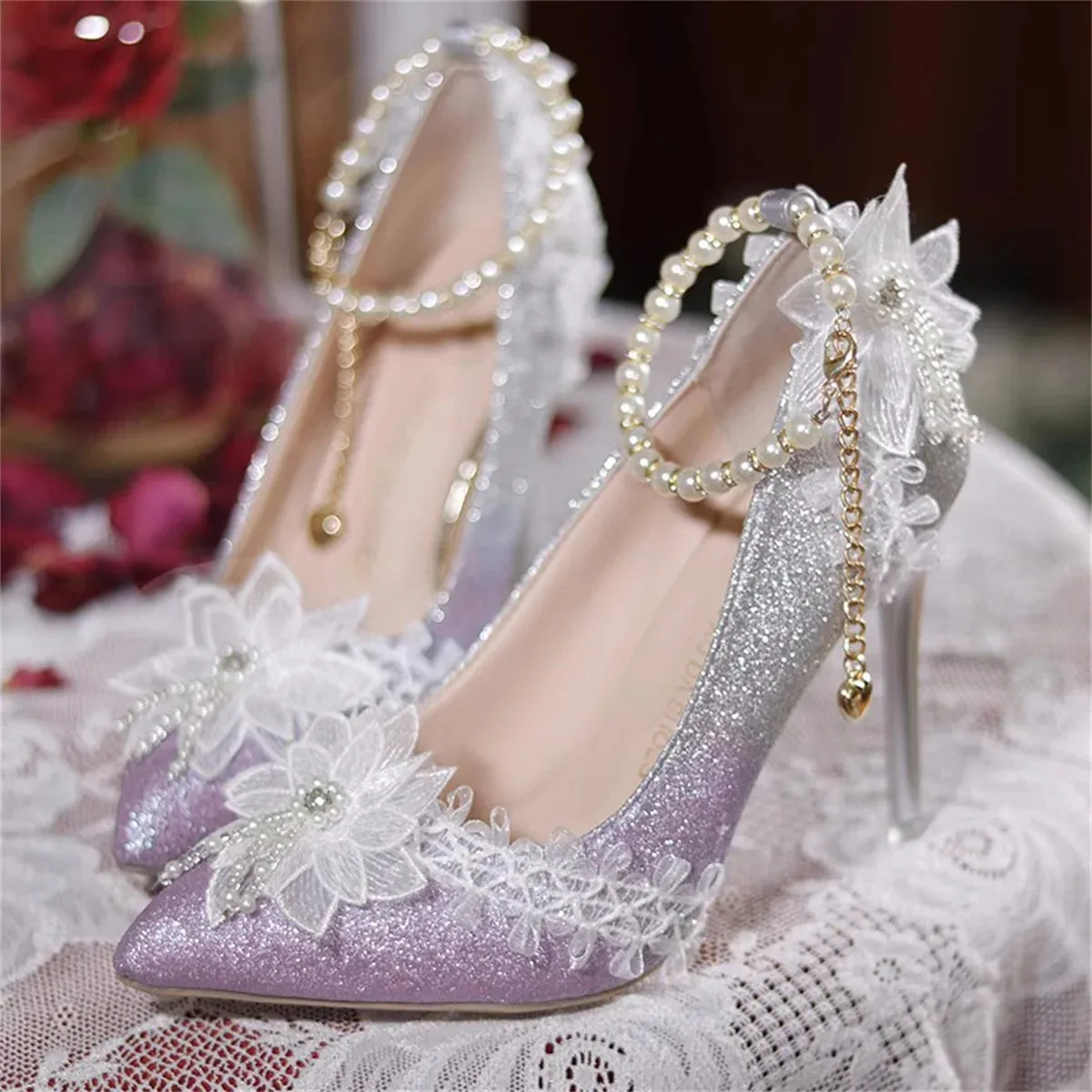 Uniwim French Elegant Vintage Girl Shoes Gradient Starl Sky Flower Pearls Tassels Pointed Sandals Elegant Tea Party 9cm High Heel Shoes