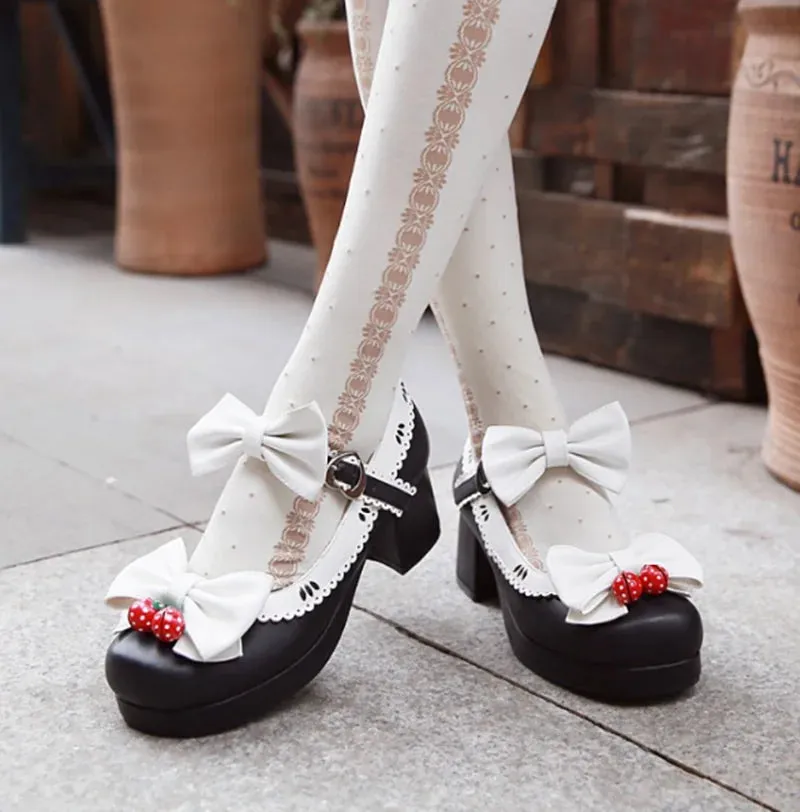 Uniwim Lolita maid women shoes personality strawberry bells bowknot princess lolita shoes round head thick heel cosplay shoes loli