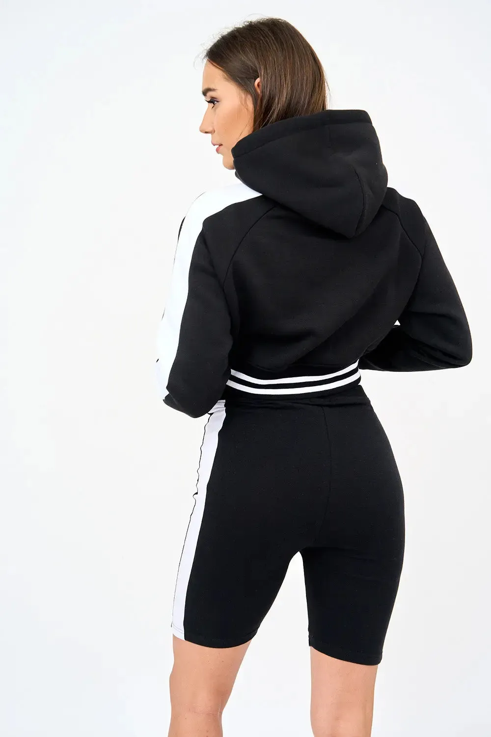 Women's Tracksuit Set Stylish Cropped Drawstring Hoodie with Panelled Design and Cycling Shorts Featuring Trendy Contrast Panels